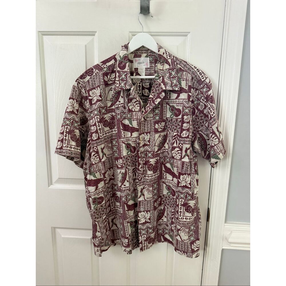 Howie Vintage Burgundy & Cream Hawaiian Shirt sz L EUC